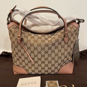 GUCCI 353120 Monogram Medium Bree Foldover Tote Beige Soft Pink